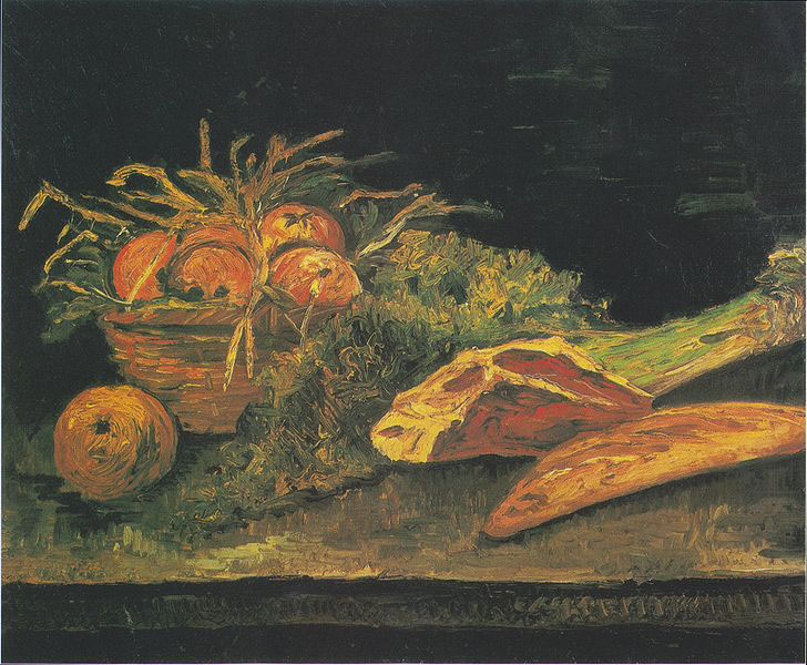 Still life with apple basket, meat and bread rolls